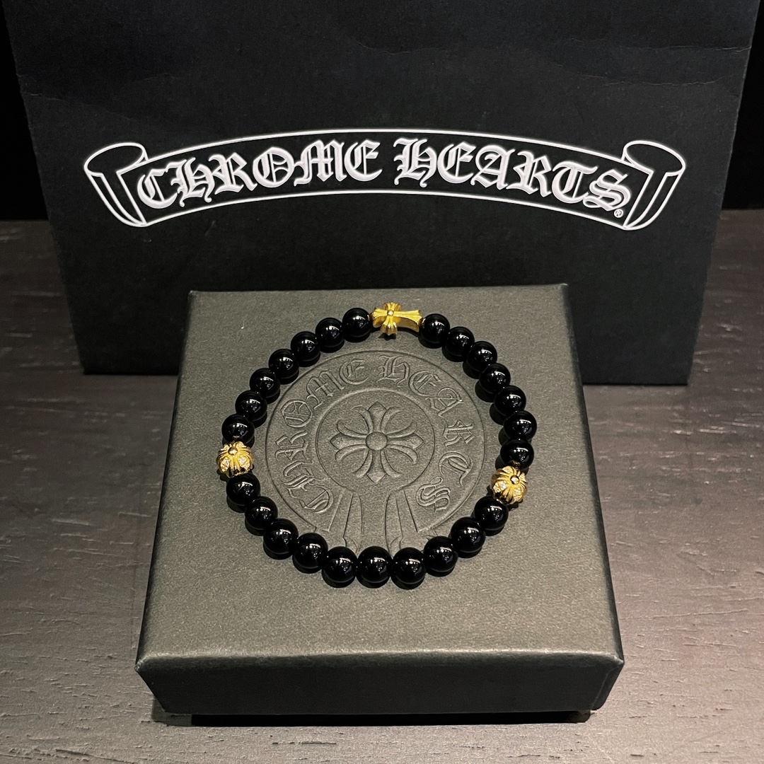 Chrome Hearts 925 실버 블랙 오닉스 비드 팔찌｜6mm
