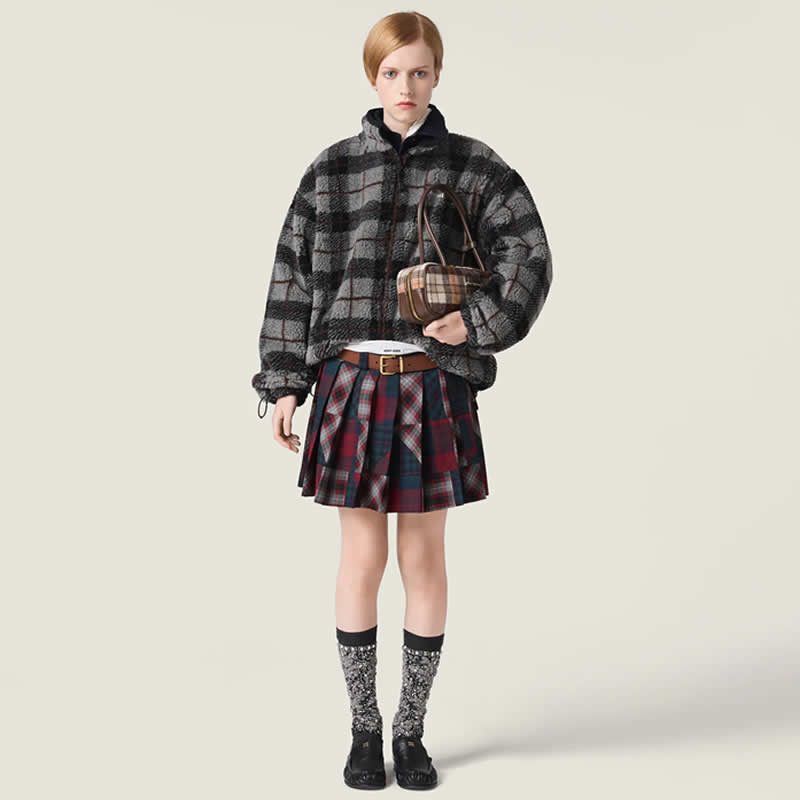 미우미우 체크 테디 플리스 지퍼 재킷 그레이블랙 MJL042