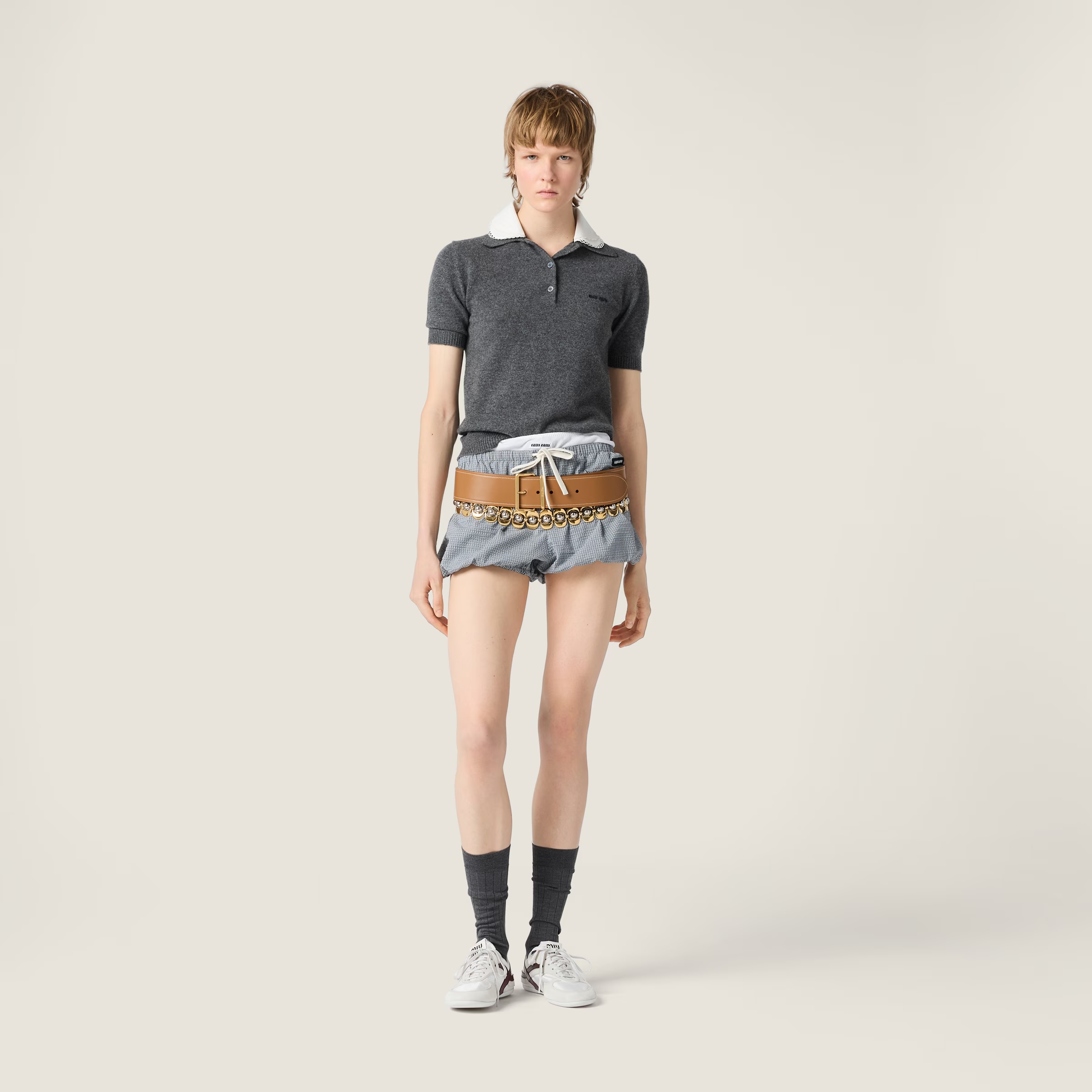 미우 미우 자수 포플린 칼라 캐시미어 폴로